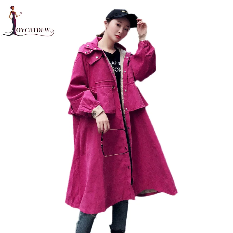 Тренч женский средней длины однобортный пальто 2018 весна осень новый с капюшоном