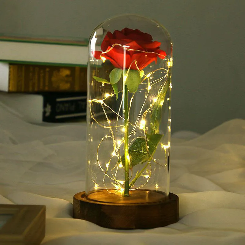 Красота и чудовище на батарейках Красная роза цветок Гирлянда Свет Настольная