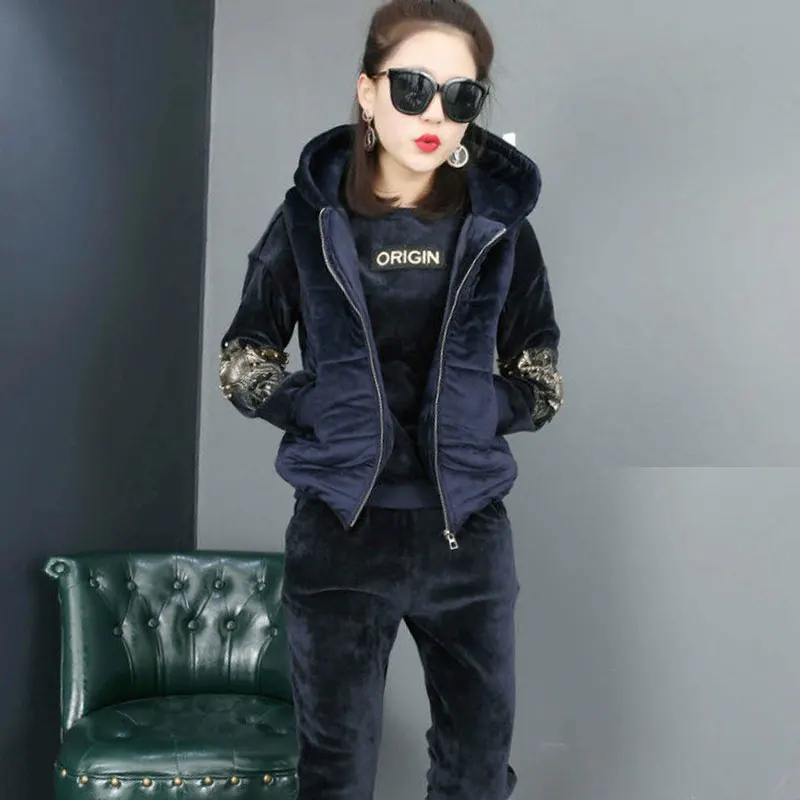 Black three-piece 6XL плюс размер Зимний женский комплект Толстый жилет золотой бархат яркий женский Шелковый костюм для дома Женский модный костюм из трех частей зимние теплые комплекты H596 - Цвет: Black three-piece