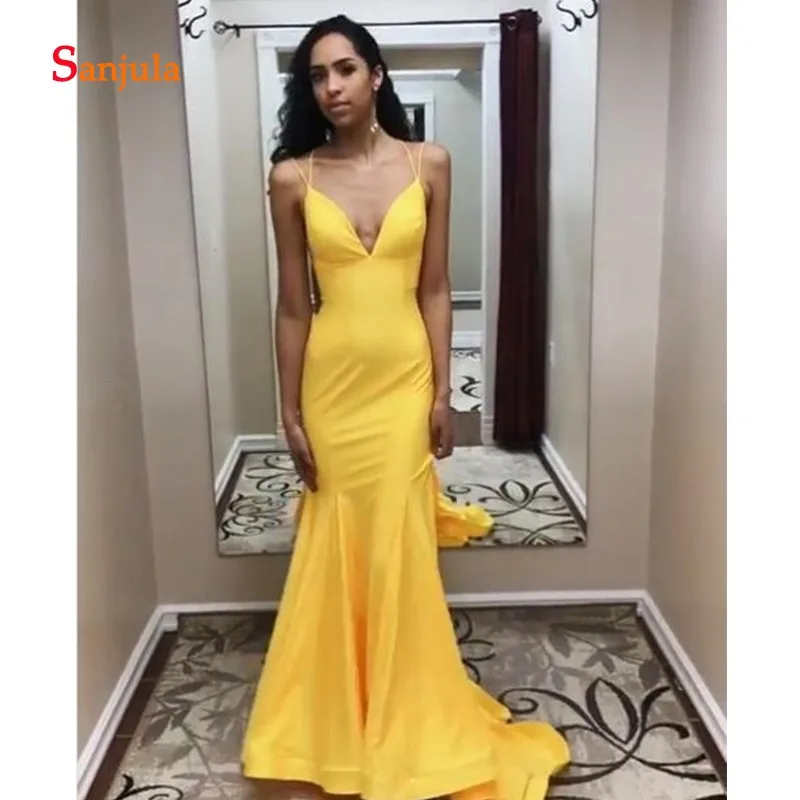 Yellow Spandex Long Prom Dresses 2019 Sexy V Neck Sheath Simple Black Girls Gowns Back Criss-Cross Graduation D697 | Свадьбы и