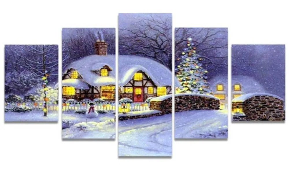 Full resin drill mosaic&quotWinter house snow &quotWall sticker Diamond Embroidery sale Cross Stitch square diamond Painting 5 pcs set | Дом и