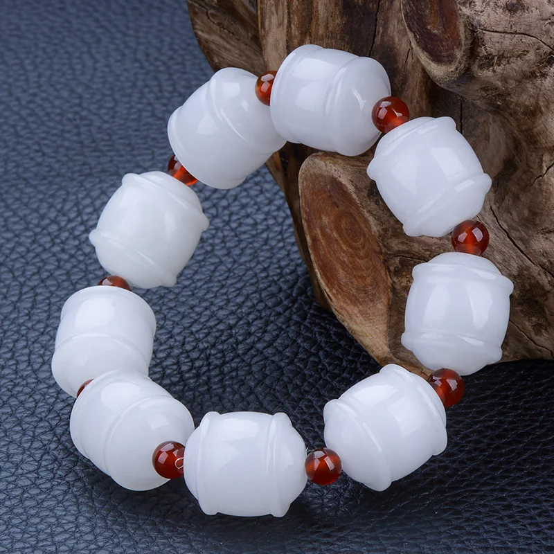 

QIANXU White Heitan Jade Bracelet Beaded Bracelet Men's Jewelry For Women Lucky Stretch Elastic Bracelet Jewelry