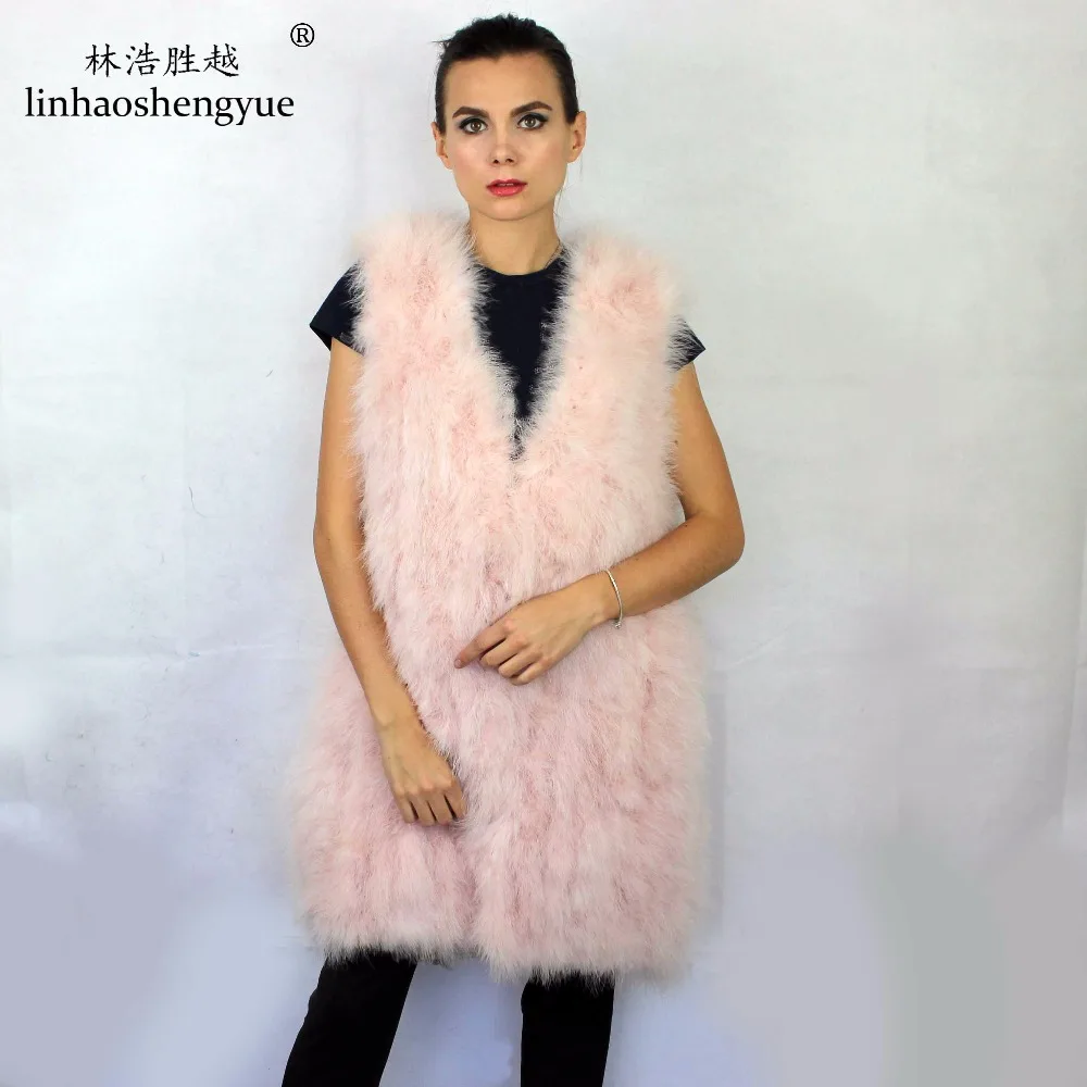 Linhaoshengyue Fashion  Ostrich Fur Women  Vest Length 80CM