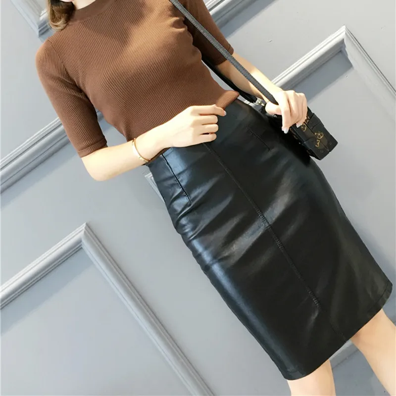 Женская юбка карандаш из ПУ кожи с разрезом и высокой талией|pencil skirt|fitted skirtmidi pencil
