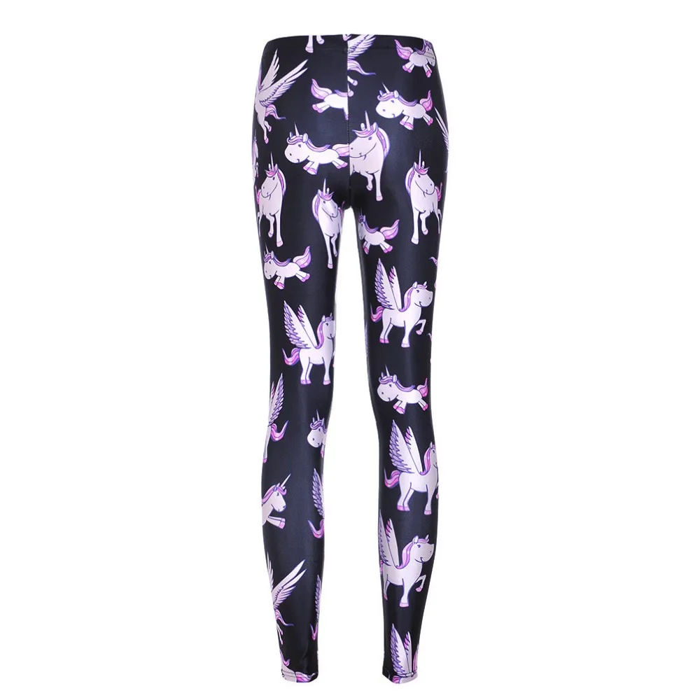 Женские черные леггинсы с мультяшным единорогом облегающие тонкие эластичные