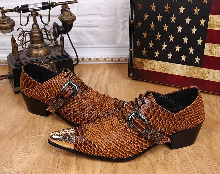 Мужские туфли из натуральной кожи со змеиной кожей и золотым верхом | Обувь