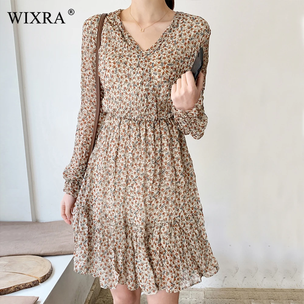Wixra женское милое платье с длинным рукавом и цветочным принтом 2019 Летняя женская