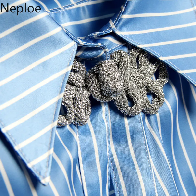 Neploe Retro Striped Women Shirts New Turn-Down Collar Long Sleeve Blouse Chinese Style Irregular Threshold Button Tops 44268 |