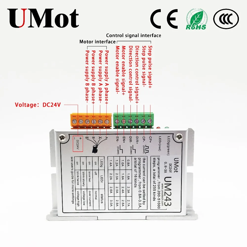

UM243 two-phase stepper drive pulse frequency 1K-80K current 0.8-3A 200-51000 step DC5V/24V for NEMA8-NEMA23 support batch debug