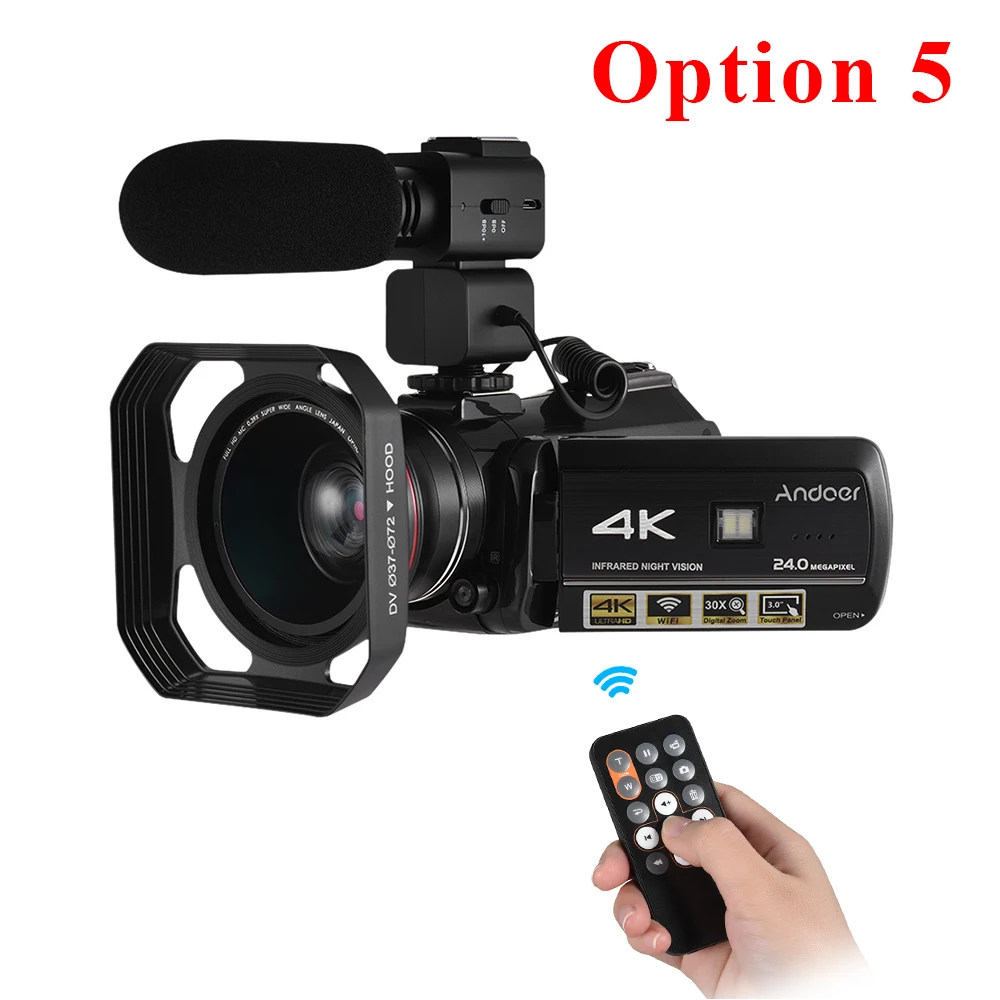 With Lens Hood Andoer Профессиональная цифровая видеокамера 4K UHD 24MP Camara Camcorder w/0.39X широкоугольный объектив бленда внешний микрофон - Цвет: With Lens Hood