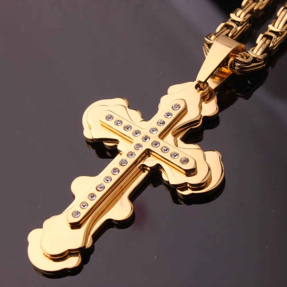 

Classic Mens Silver Gold Color Cross With Crystal Pendant Necklace Stainless Steel Link Chain Byzantine Necklace Jewelry