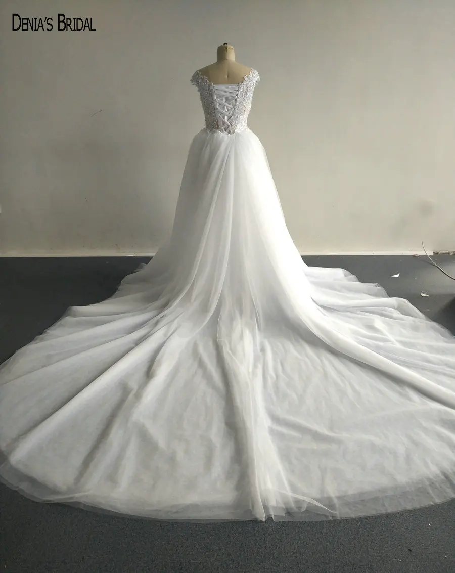 2017 Свадебные платья с аппликацией декольте бисером длина до пола со съемным