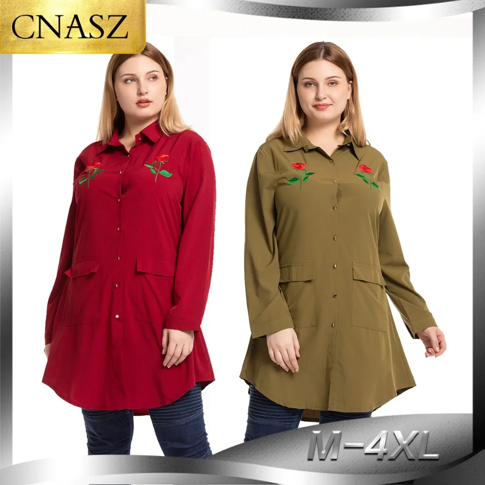 Женская модная рубашка с вышивкой большого размера Повседневная отложным