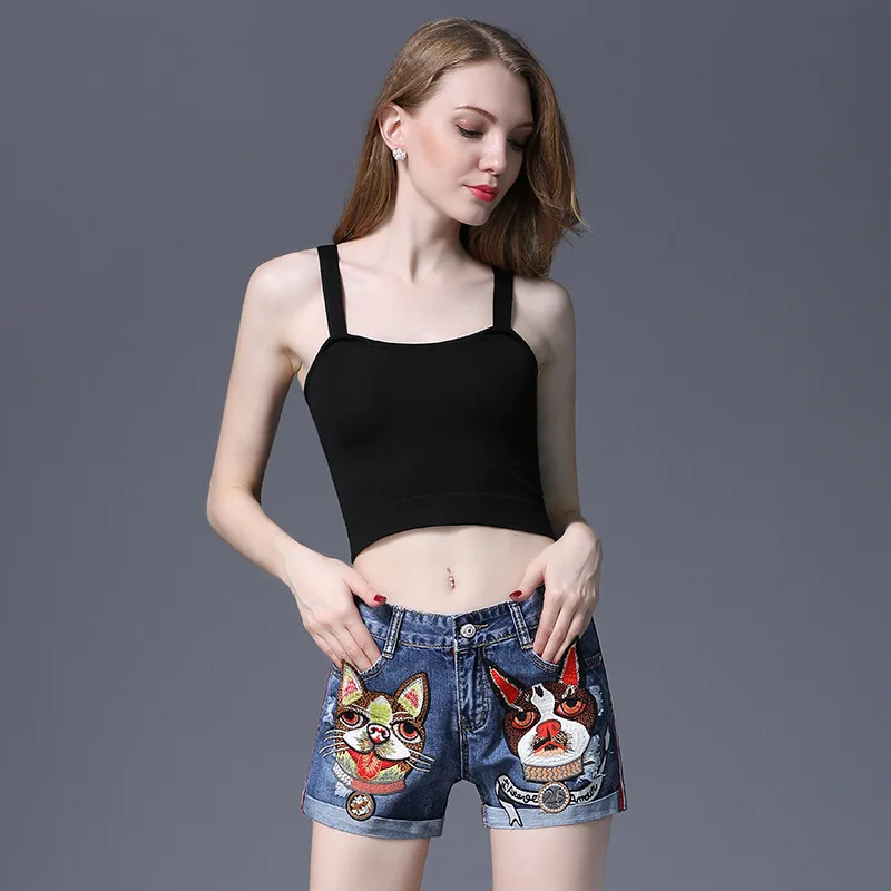 Женские шорты модные летние с вышивкой в виде собаки джинсовые стиле ретро