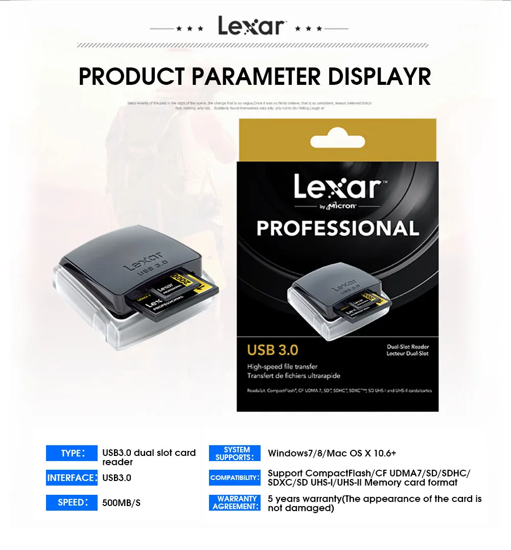 Продвижение Lexar Professional 2 в 1 Высокоскоростной USB 3,0 двухслотовый считыватель для Sd карты/Compact Flash CF считыватель карт памяти
