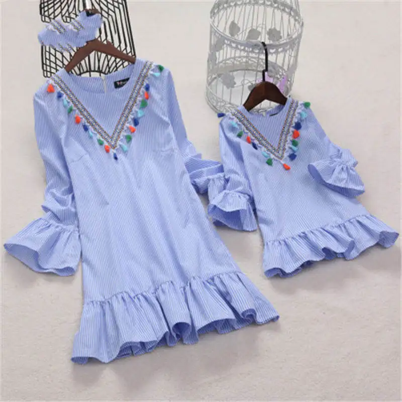 Mother and daughter dress 2019 Long Sleeve Stripe Tassel Mini Dress Mom Family matching outfits clothes C0335 | Мать и ребенок