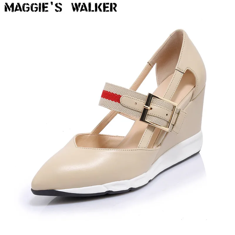 

Maggie's Walker Women's Spring Genuine Leather Fashion Shoes Pointed-toe Retro Style High-heeled Wedges Shoes Size 35~39