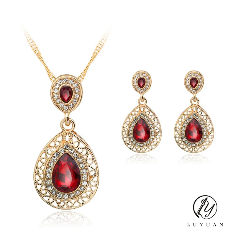 Популярные Винтаж красный Ювелирные наборы роскошный кристалл падение Цепочки и