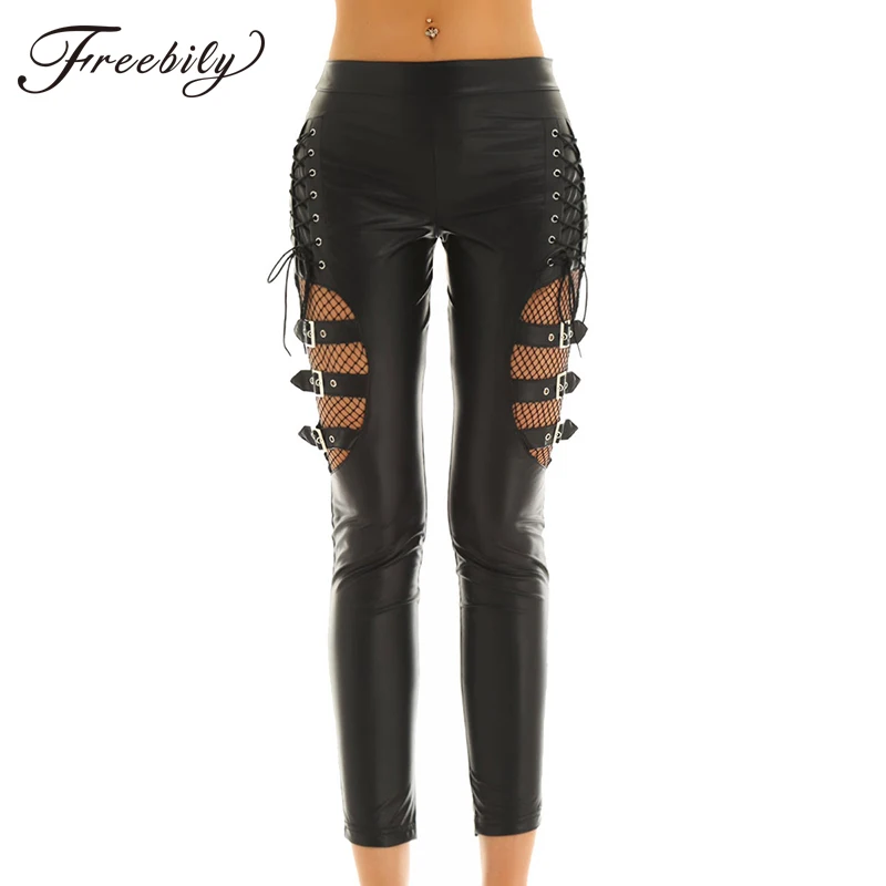 

Punk Harajuku Faux Leather Pencil Pants Women Fishnet Splice Mid Waist Ladies Trousers Elegant Skinny Womens Pants with Buckles