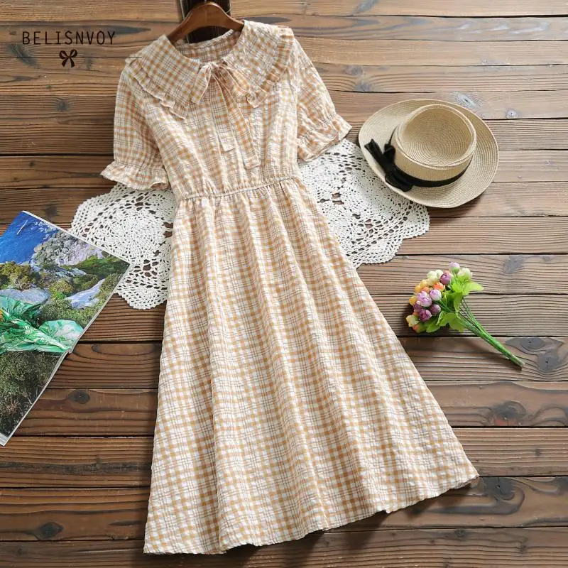 Mori Girl Summer Women Plaid Dress 100%Cotton Linen Flare Sleeve Casual Femininos Vestidos Vintage Elegant Sweet Ladies | Женская одежда