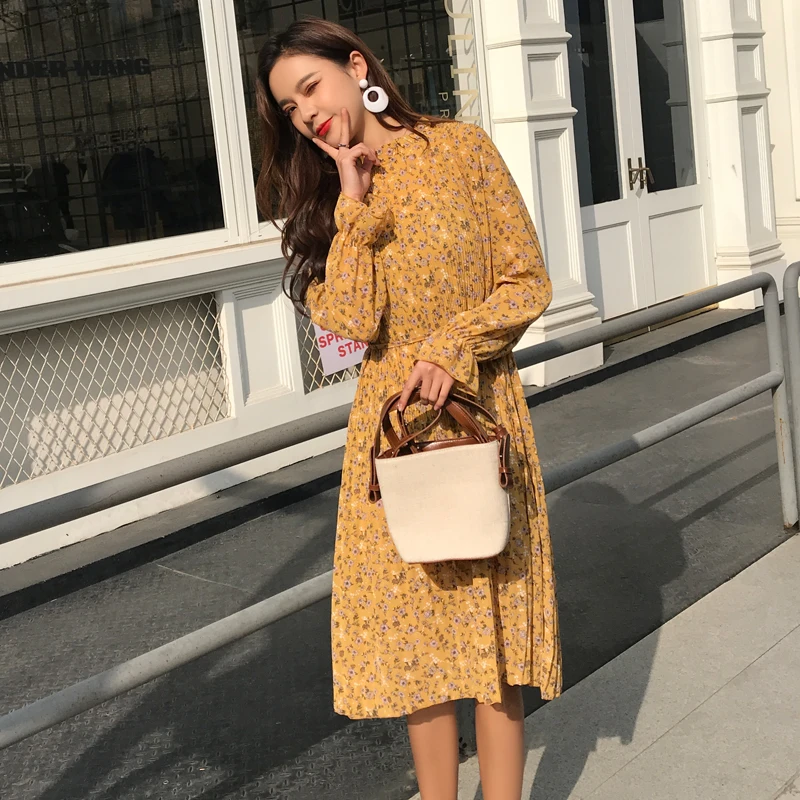 Шифоновое женское платье с расклешенным рукавом высокой талией | Женская одежда