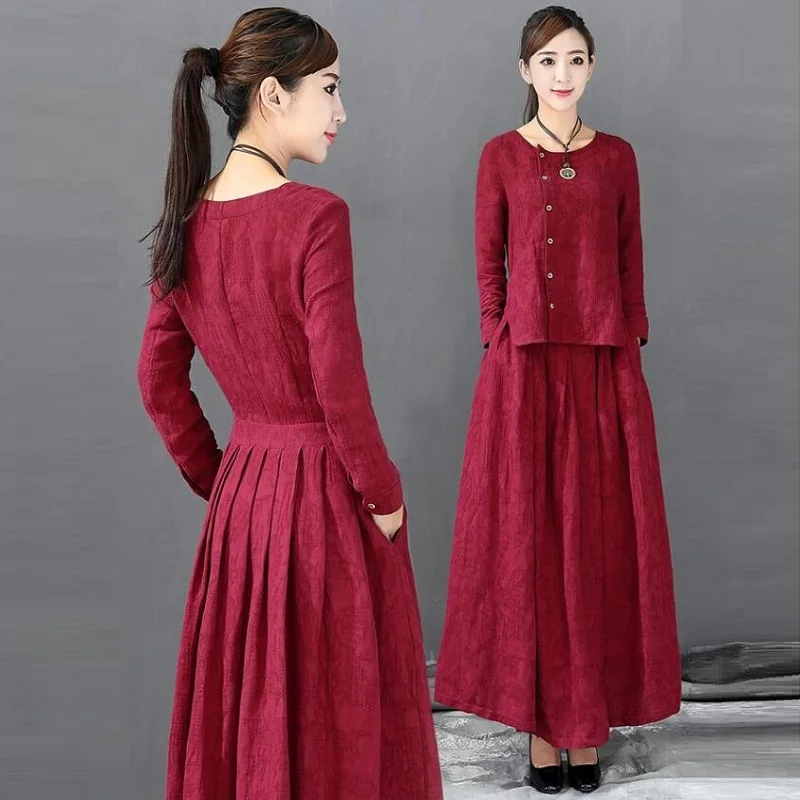 Traditional Chinese Clothing For Women Fake Two Piece Vintage Outfits O Neck Maxi Ethnic Oriental Dress TA1468 | Тематическая