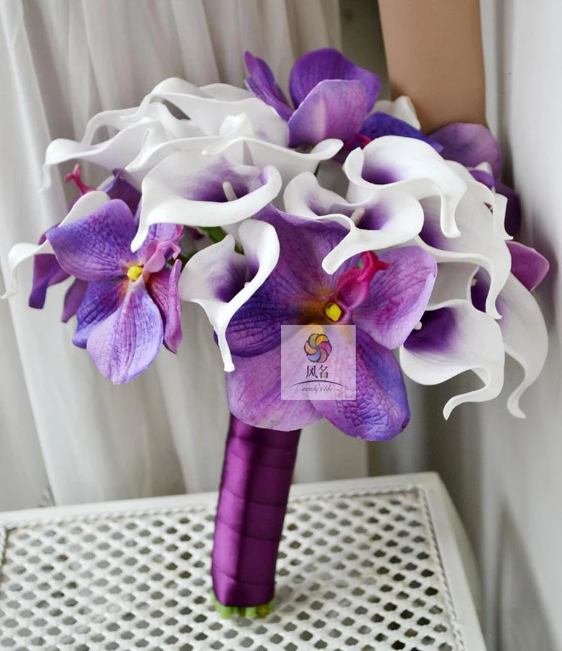 

Wedding Bridal Bridesmaid Bouquet Handmade Bride Bouquets Purple Artificial Vanda Flowers Calla Lily Holding Flower Home Decor