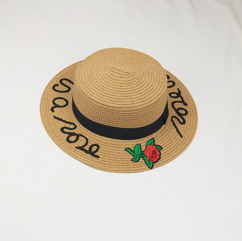 Вышитая буква плоские соломенная шляпа цветок солнцезащитная Кепка пляжная