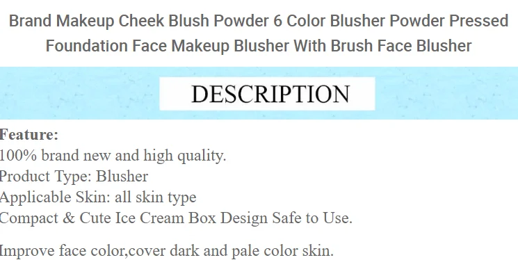 High Quality Brand Makeup Cheek Face Blush Powder 6Color Blusher Powder Pressed Foundation Face Makeup Blusher With Brush