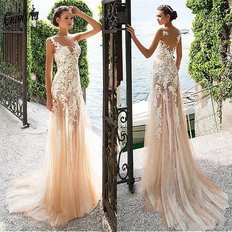 Великолепный богемный V образный вырез цвета шампанского Прозрачная Кружевная