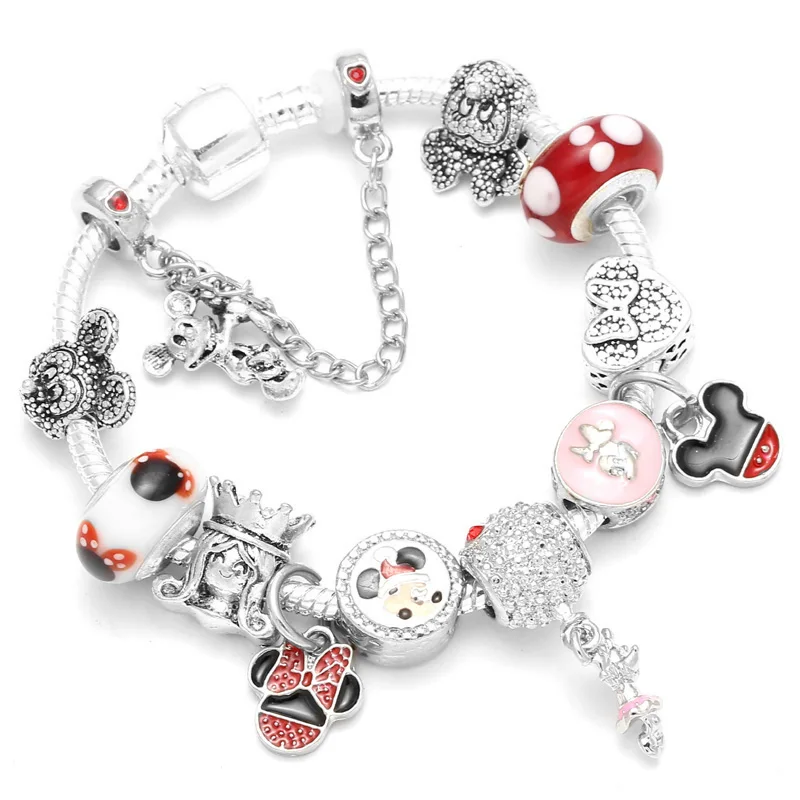 Boosbiy Dropshipping Cute Mickey Minnie Charm Bracelet For Women Kids With Silver Snake Chain Brand Bracelet Christmas Jewelry