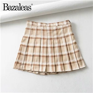 XX1 cream Bazaleas, сексуальные клетчатые плиссированные юбки, Harajuku, тартан, зеленая, женская юбка, модная мини-юбка, Боковая кнопка, высокая талия, юбки для женщин, s - Цвет: XX1 cream