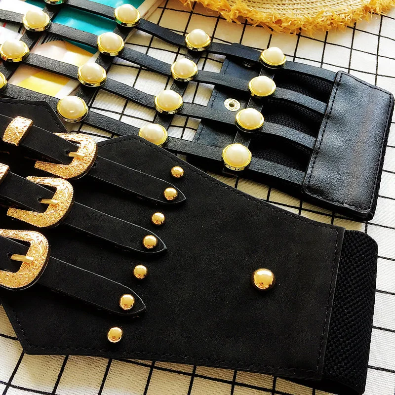 

winter new Vintage Retro Carved Metal Wide Double Buckle Belt Adjustable PU elastic Waistband Women Elastic Belt For coat