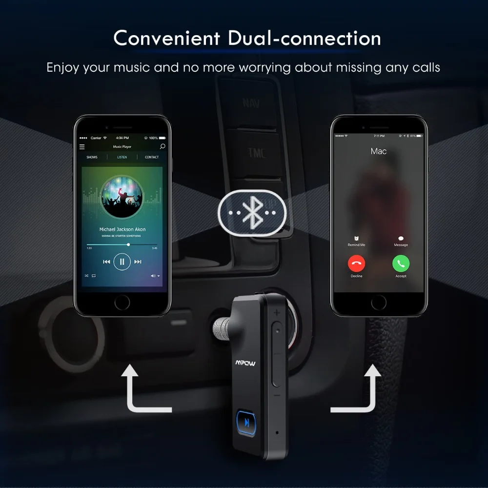 Mpow Bluetooth 4,1 приемник портативный беспроводной 3,5 мм аудио адаптер 5-мин Быстрая зарядка громкой связи Bluetooth автомобильный комплект