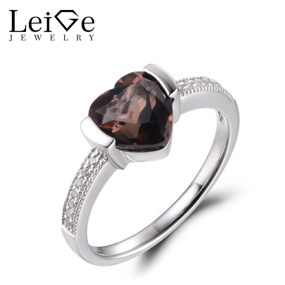 

LeiGe Jewelry Cocktail Party Ring Natural Smoky Quartz Ring Heart Shape Brown Gems Ring 925 Sterling Silver Lovely Rings for Her