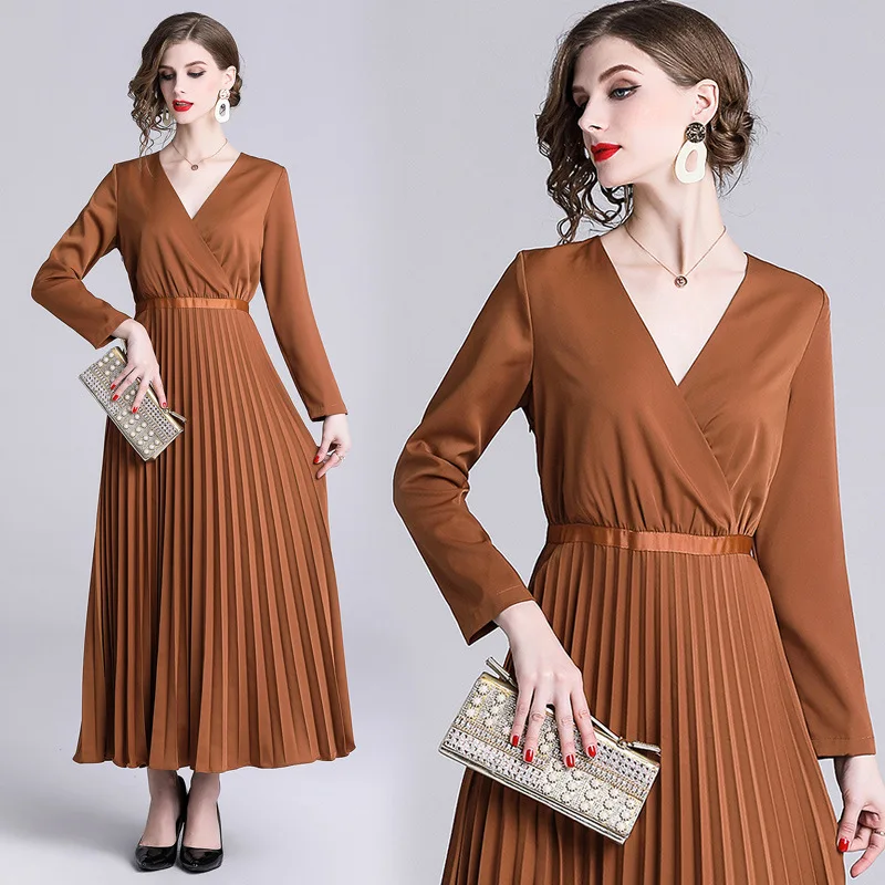 S-XL Весна Лето Женское платье с длинным рукавом v-образный вырез до щиколотки