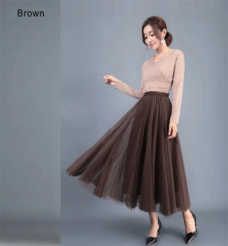 brown skirt Осень Зима длинный Тюль юбки для женщин женские элегантные Макси пачка взрослых сетчатая юбка розовый серый черный - Цвет: brown skirt