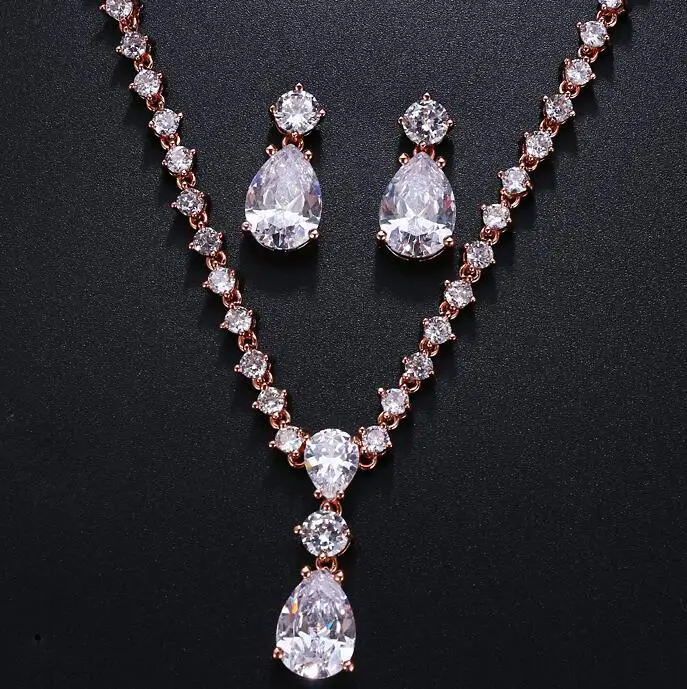 rose gold Emmaya модный простой Кубический Цирконий Кристалл женские серьги ожерелье набор для невесты Свадебный костюм комплект ювелирных изделий - Окраска металла: rose gold
