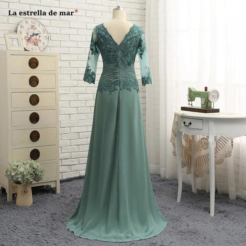 

Abito mamma sposa new Scoop neck lace chiffon 3/4 sleeve A Line green mother of the bride dresses Floor Length vestidos boda