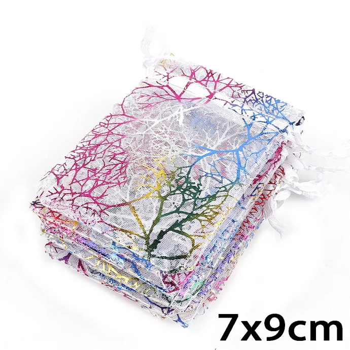 White 7x9cm 10 шт., 50 шт., изысканный коралловый дизайн, сумки из органзы на шнурке, белые, синие Упаковочные сумки, свадебные подарочные сумки, сумки для ювелирных изделий - Цвет: White 7x9cm