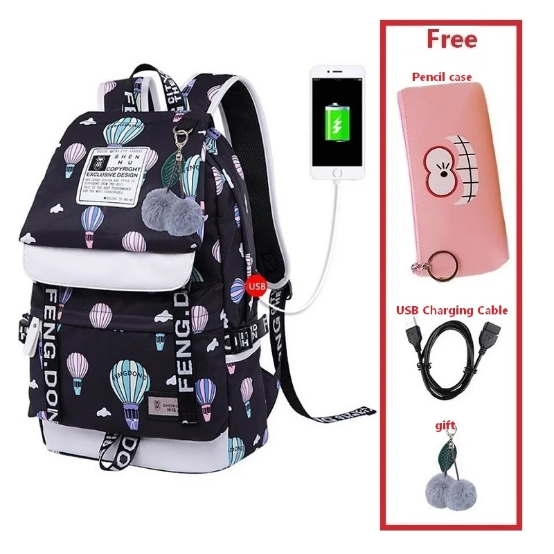 Set 17 Женский модный рюкзак с принтом, usb сумка для ноутбука, женские дорожные сумки, белый холщовый школьный рюкзак для девочек, безопасный рюкзак - Цвет: Set 17