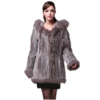 real fur coat with hood 2021 lady knitted real rabbit fur coat jacket outware with hood women belt long with tassels