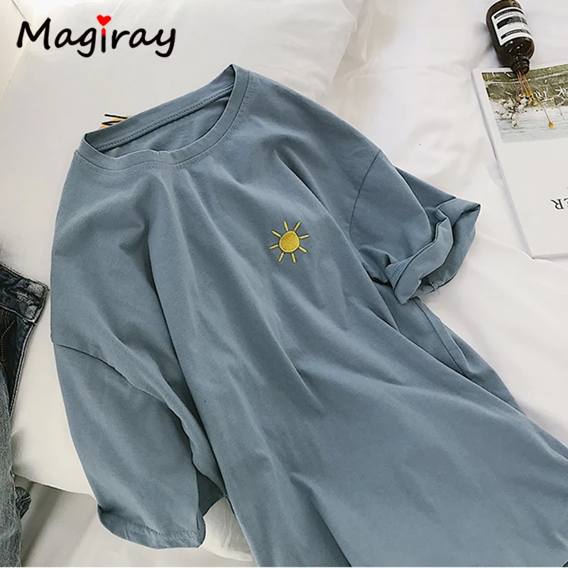 Magiray Harajuku Милая футболка женская с рукавом-капелькой Луна солнце мультфильм вышивка каваи корейский Tumblr Женский Топ Повседневная футболка 472