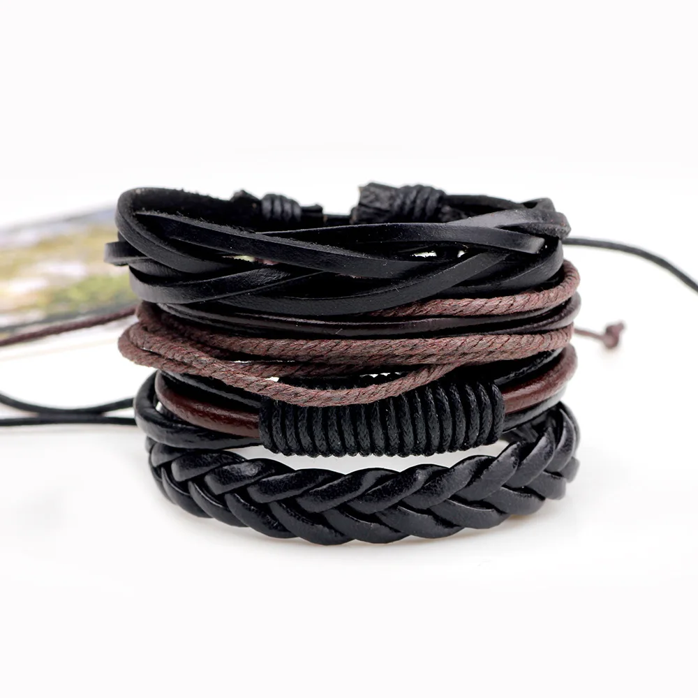 dankaishi 4pcs/set Handmade Customized Punk Vintage Genuine Leather Hemp Rope PU Braided Multicolor Women Jewelry Men Bracelets |