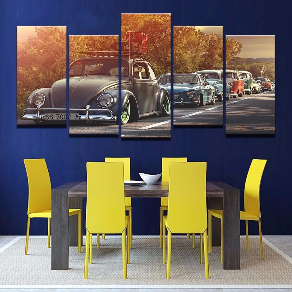 HD Печать дома стены Искусство украшения картины Современные 5 шт. Volkswagen Beetle Автомобильная живопись на холсте Ретро Закат Плакат рамка