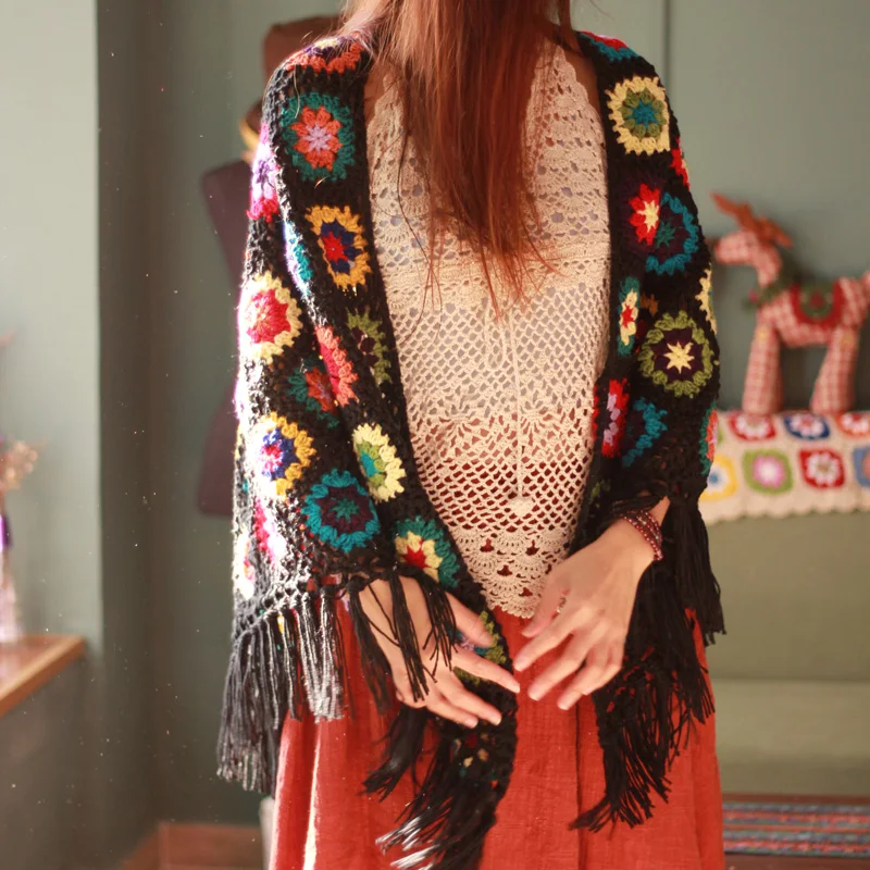 

DIY triangle with tassels scafts cushion carpet Hand hooked fashion crochet blanket cushion felt pastoral style gift