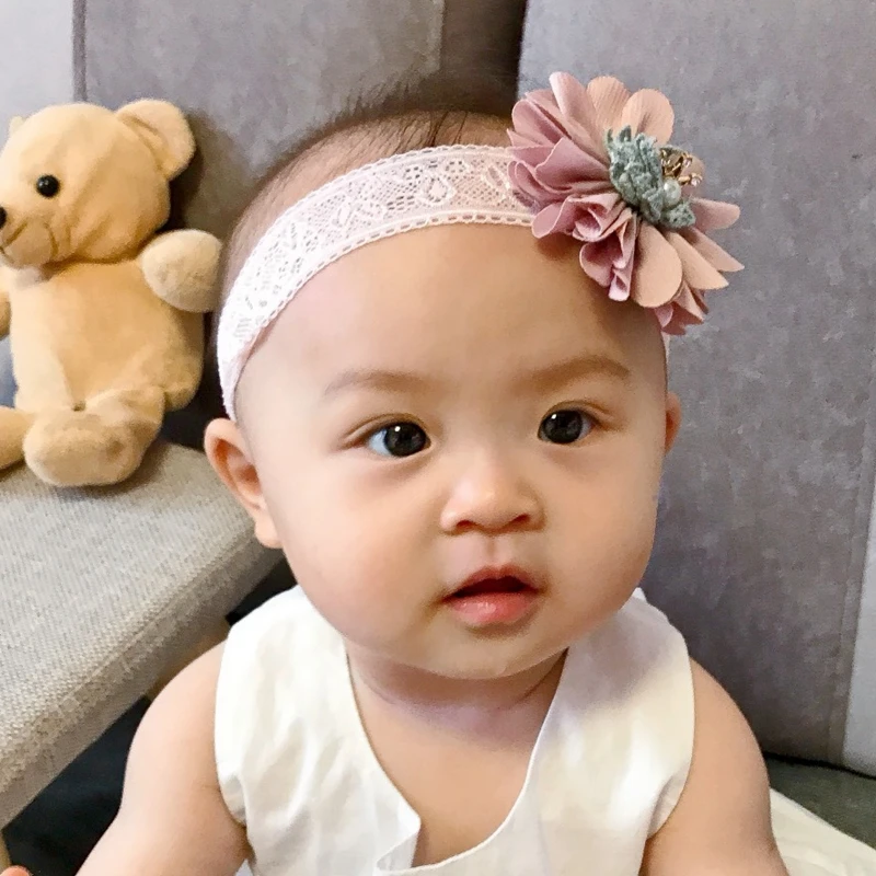 Baby Headbands Girls Big Flower Head Band Kids Lace Elastic Headwear Toddler Pearl Crown Headwrap Newborn Cute Photo Props | Детская