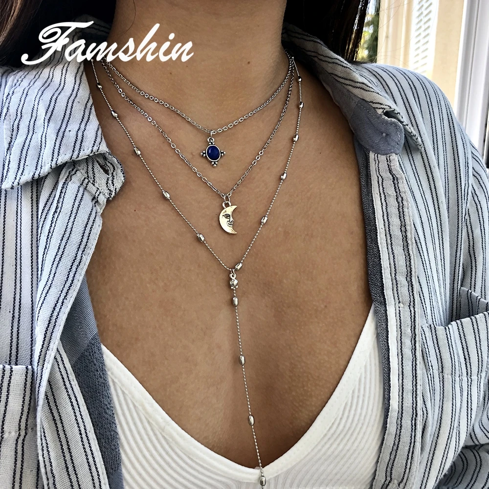 FAMSHIN модное винтажное ожерелье Бохо Луна цепочка многослойное колье для женщин