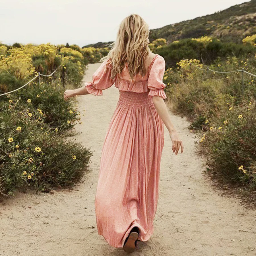 TEELYNN puff sleeve boho dresses 2019 vintage pink cotton long Dot jacquard fabric Hippie women chic Vestido | Женская одежда