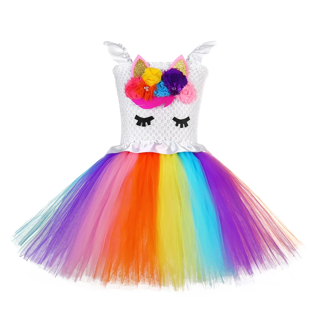 Girl Flower Unicorn Kid's Tutu Dress Rainbow Baby Kids Short Birthday Party Dresses Halloween Purim Carnival | Детская одежда и